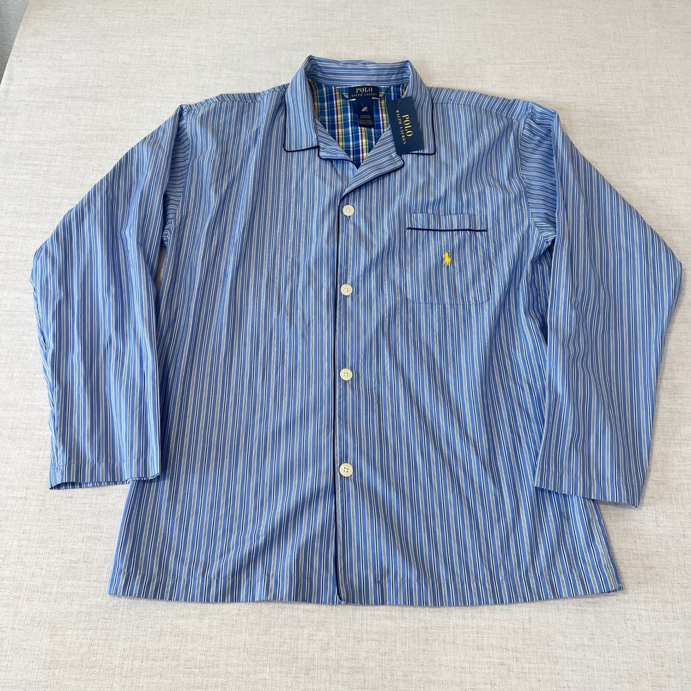 NWT Polo Polo Ralph Lauren Men Large Striped Blue Pajamas Cotton Long Sleeve